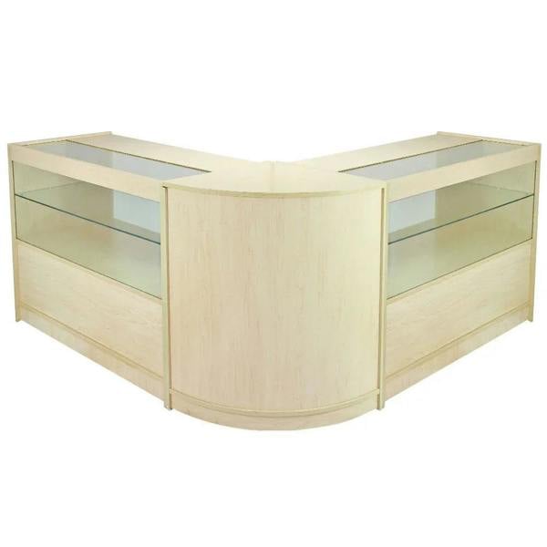 Gemini C1200 display case in light maple finish, featuring curved edges, glass shelves, and a spacious, modern design for showcasing products