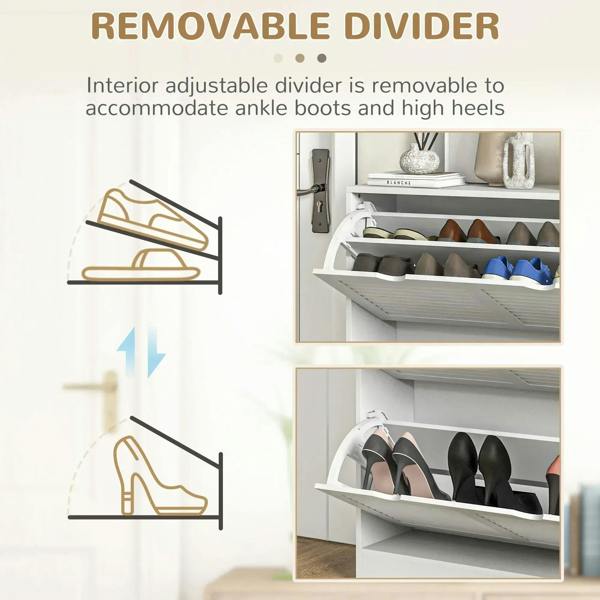 White shoe cabinet interior with removable divider and open flip drawer shelving