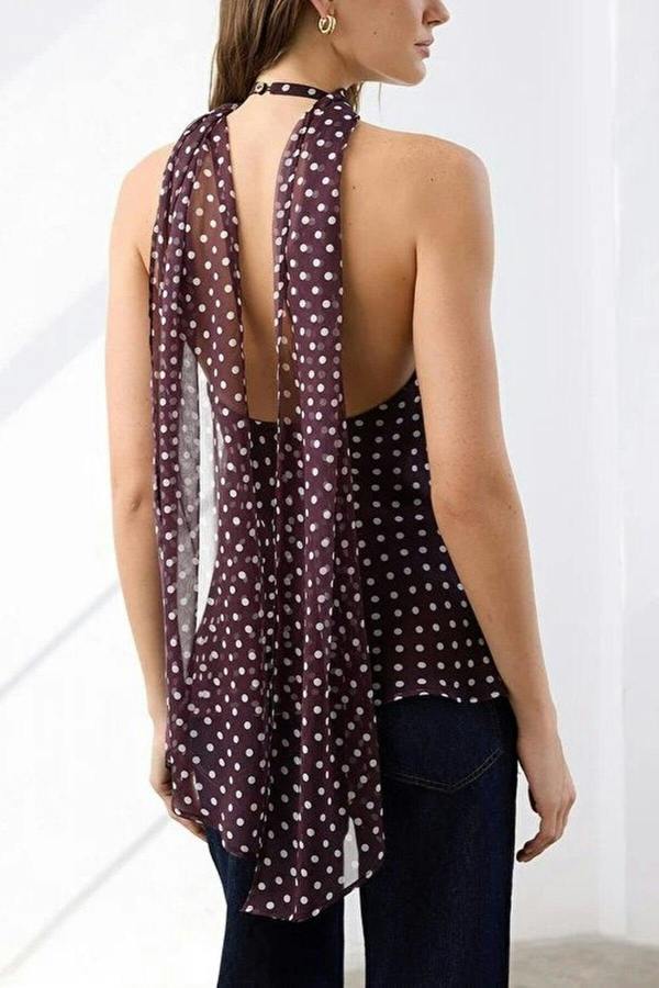 WOVCOR Polka Dot Halter Neck Woven Night Blouse with Gold Accessory Detail
