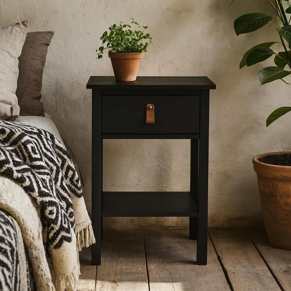 Wyld Haus Wildberry Matt Black Wooden Bedside Table with 1 Drawer Bottom Shelf Leather Handles