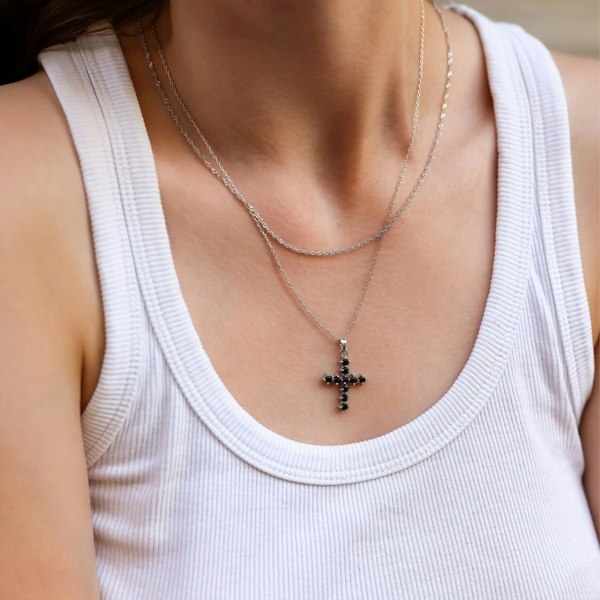 Spero London Sterling Silver Burgundy Garnet Cross Pendant