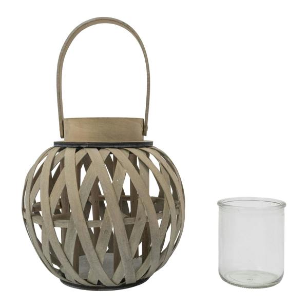 JVL Set of 2 Luna - Natural Round Wood Lantern With Handle, Antique Wash