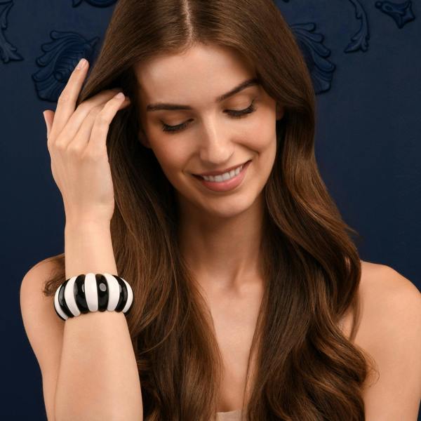 Zavana Wide Black and White Half-Moon Resin Links Bangle Bracelet For Women