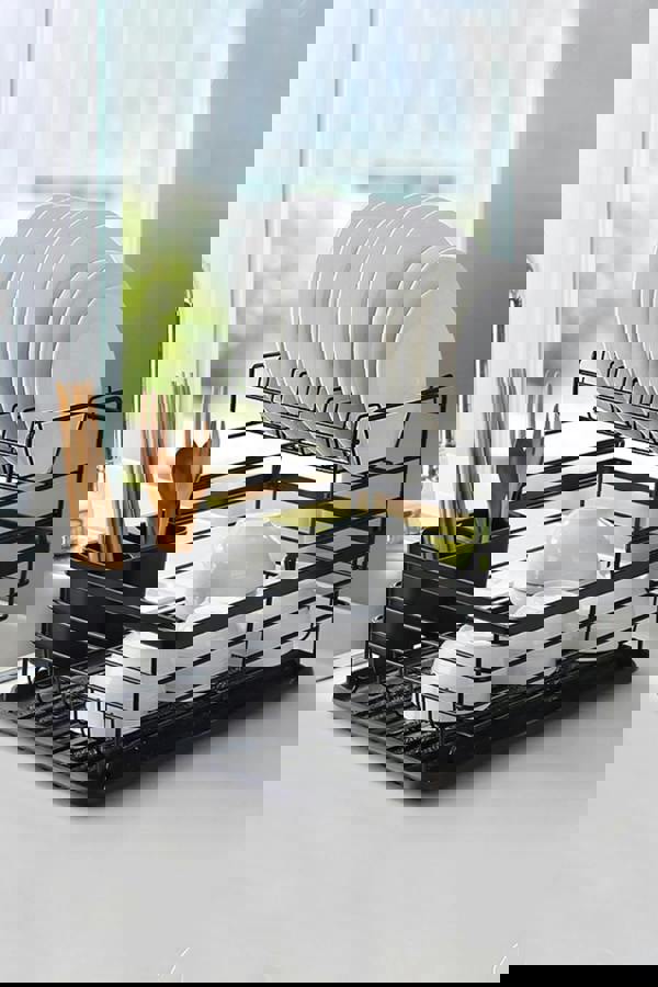 Living and Home Kitchen 2-Tier Metal Dish Drainer Rack Detachable Storage Drip Tray Sink Washing Plates Draining Board - Black