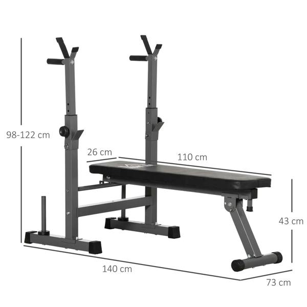 Grey adjustable weight bench with barbell rack and black padded seat