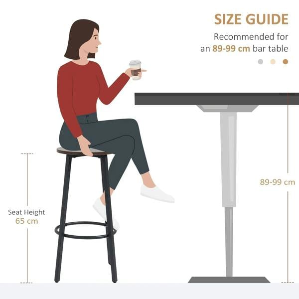 Tall bar stool with round seat, black steel legs, and circular footrest