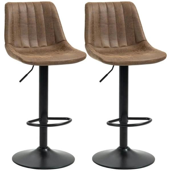 Set of 2 brown upholstered bar stools with high back, black swivel base and footrest.