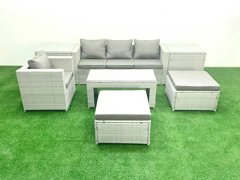 Fimous 6-Seater Outdoor Rattan Sofa Set | Grey Cushions, Coffee Table, 2 Side Tables, 2 Large Footstools | Conservatory/Patio