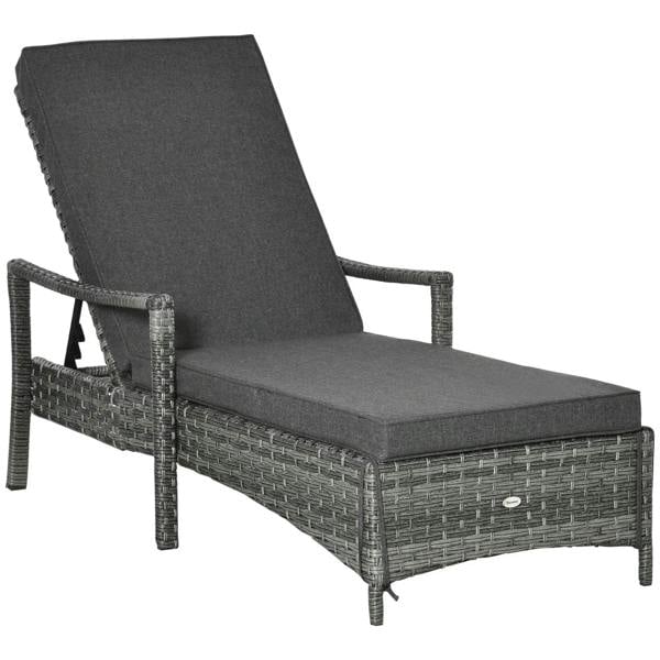 Grey patio rattan sun lounger with dark fabric cushion and wide reclining seat