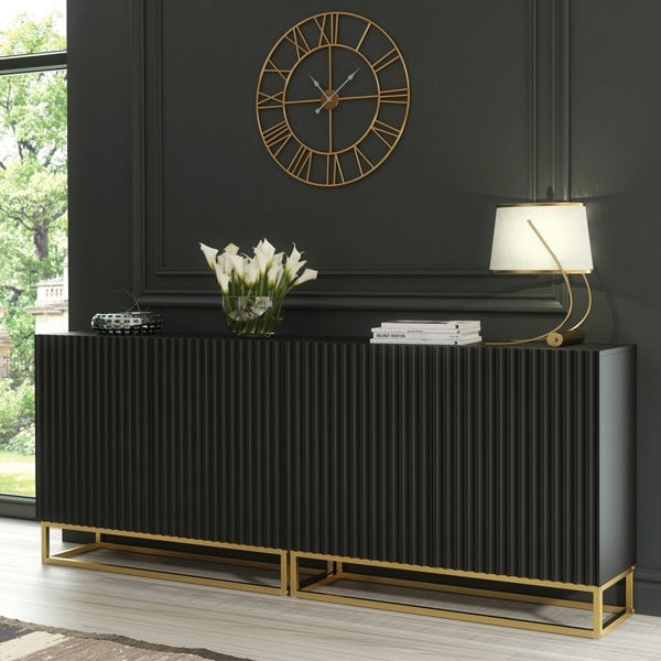 Mex Furniture Sophisticated Black Sideboard with Fluted Fronts & Gold Legs – 200cm Storage Unit