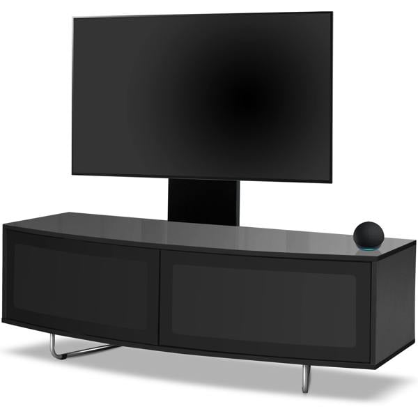 Homeology Caru Gloss Black Beam-Thru Remote Friendly Super-Contemporary D Shape Design 32"-65" LED/OLED/LCD TV Cabinet with Mounting Arm