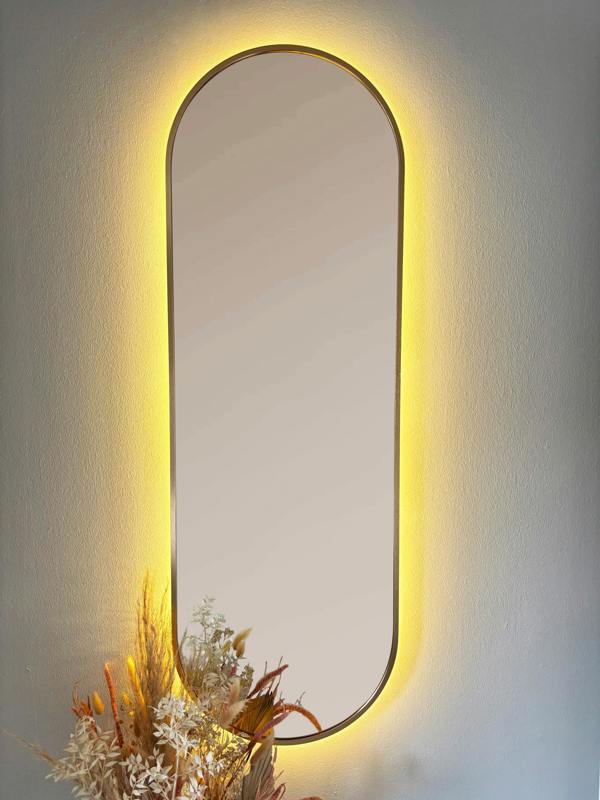 Downton Interiors LED Backlit Gold Modern Tall Metal Frame Oval Wall Mirror - 120cm