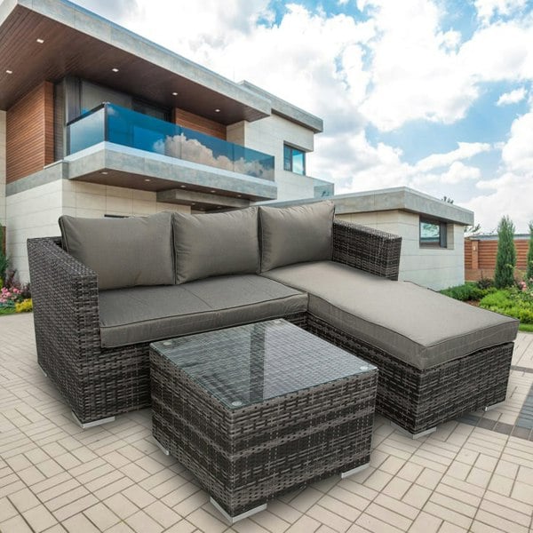 Furniture One Outdoor Corner Garden Lounge 3 Piece Set, L-Shaped Patio Furniture Set with 10cm Soft Cushions, Tempered Glass Table - Fully Assembled