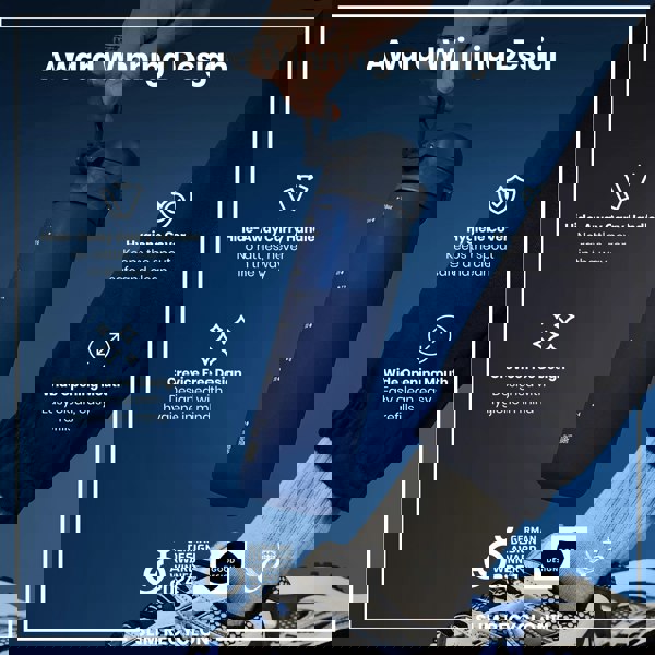 A blue water bottle is being held; it features a hide-away handle, crevice-free design, hygiene cover, and wide mouth. The bottle is an award-winning design.