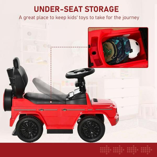 Red kids ride-on push car with open under-seat storage compartment and gray seat