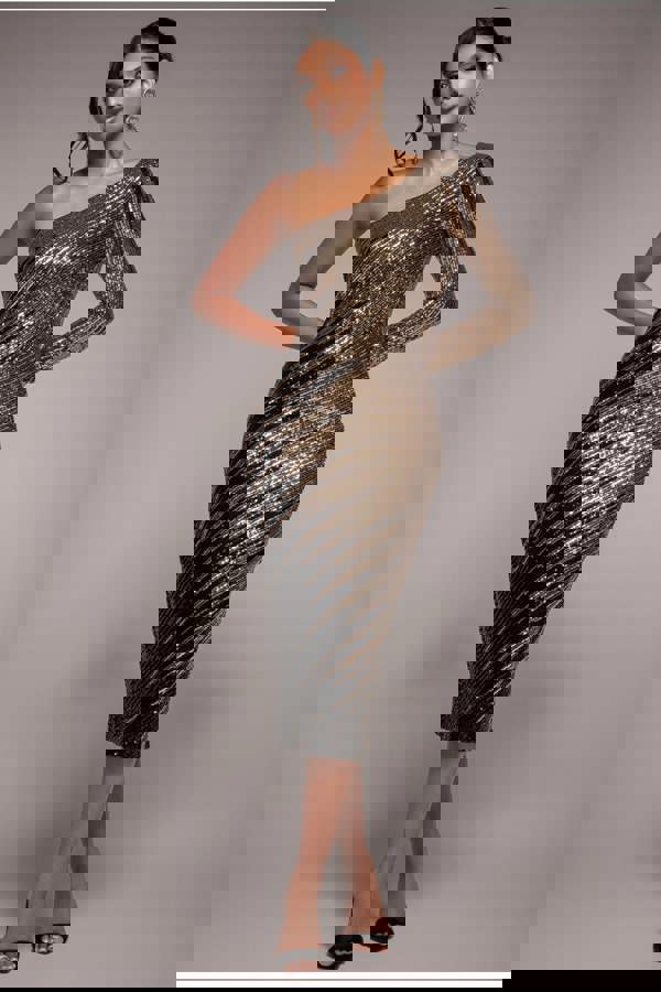 One Sleeve Diagonal Sequin Midi - Gold DR4071