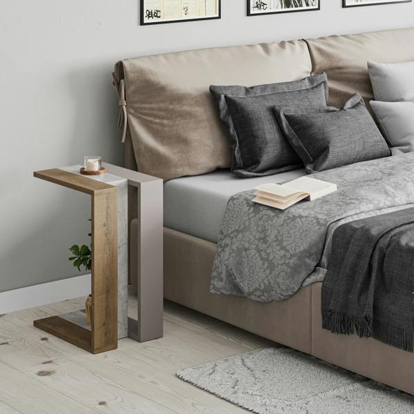 Decortie Muju Modern C Shape Table Oak Effect Gold Marble Effect Mocha Grey Multipurpose  H 57cm