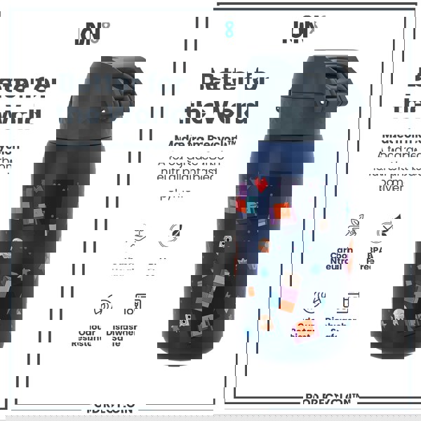 A dark-blue water bottle, featuring a playful game-themed design, sits against a white background. It's made from a plant-based polymer, is BPA-free, odour-resistant, and dishwasher-safe. The bottle is described as "Better for the World".