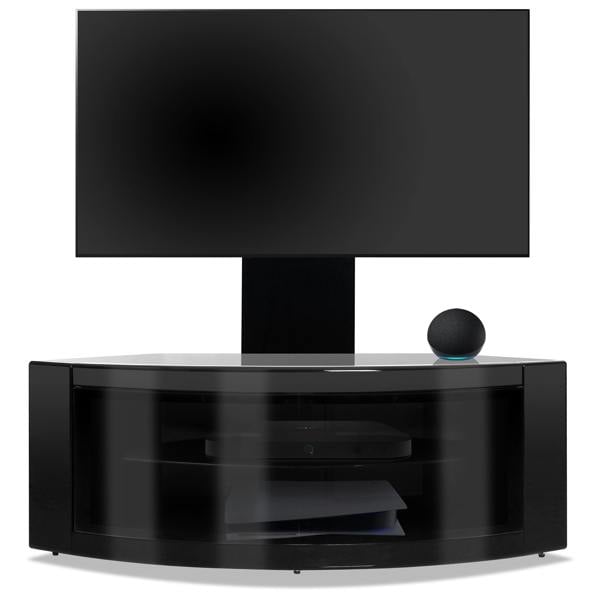 Homeology PANGEA Gloss Black Beam-Thru Curved True-Corner 32"-50" TV Cabinet with Mounting Arm