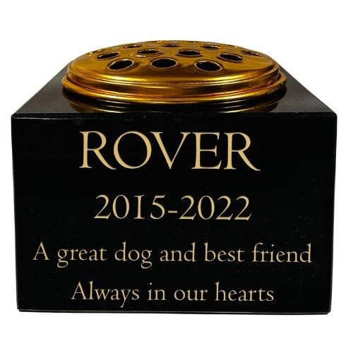 Memorials Direct Granite Memorial Vase for Pet- Dog -Rectangle Shape – 6x6x4" - with Gold Metal Flower Insert