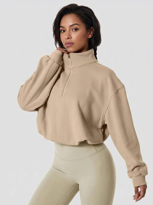 Anniou Cropped Athletic Fleece Pullover - khaki