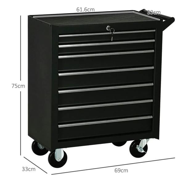 Matte black 7-drawer tool cabinet on caster wheels with key lock, front view