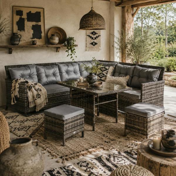 Wyld Haus Dili Rattan Grey 8 Seater Outdoor Sofa Set With Cushions And Table