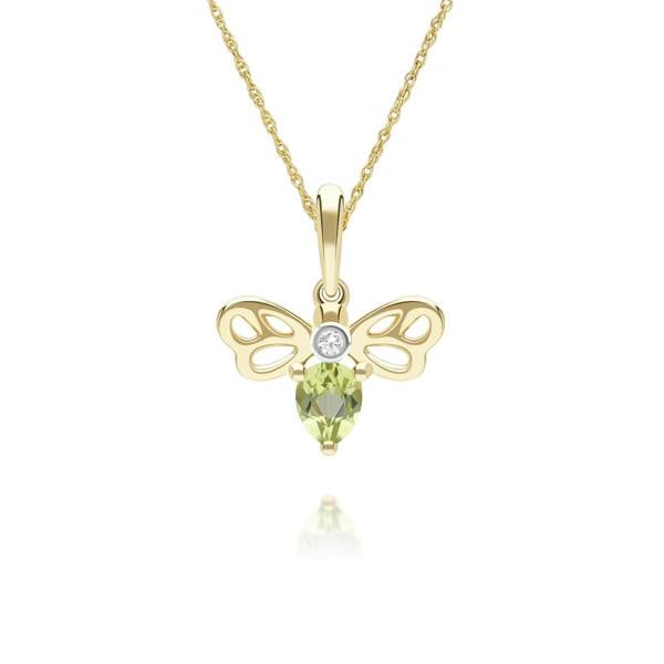 Gemondo Honeycomb Art Nouveau Pear Shape Peridot and Diamond Bee Pendant Necklace in 9ct Yellow Gold