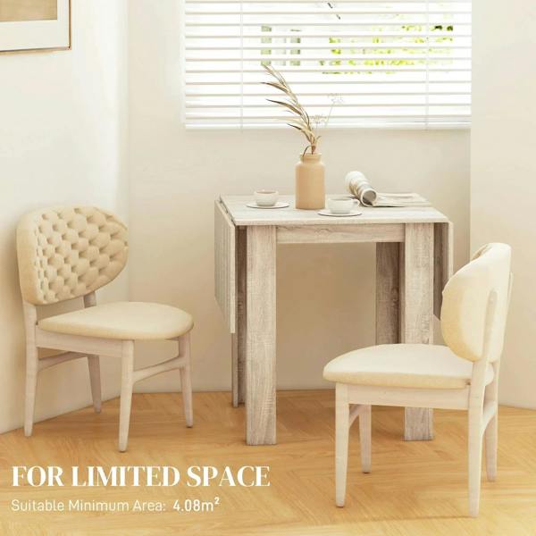 Light oak-effect drop leaf dining table for limited space with two dining chairs
