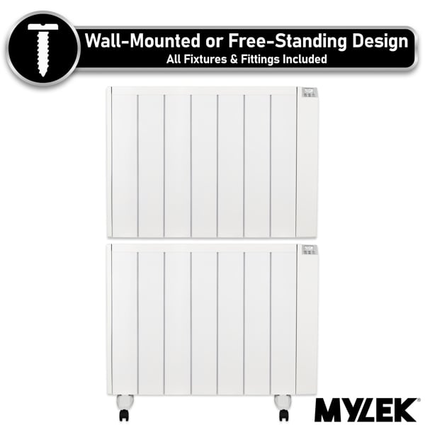 MYLEK Electric Radiator Panel Heater Ceramic White Eco 2000W Bathroom Safe Wall Mounted Or Free Standing With Timer Thermostat