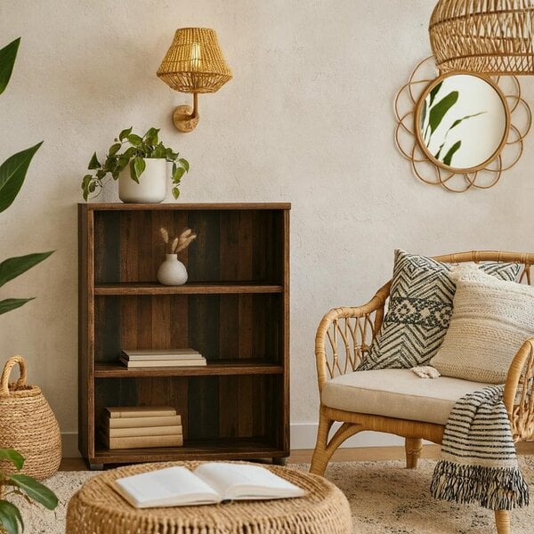 Wyld Haus Bucharest Low Wide 2 Shelf Vintage Oak Wooden Bookcase