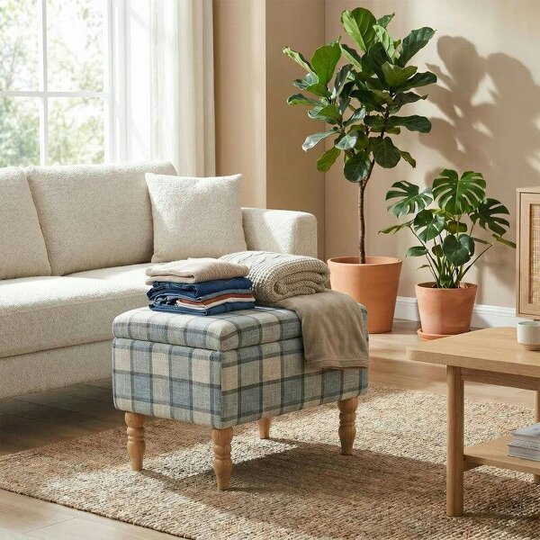 Linen Fabric Upholstered Footstool, Rectangular Storage Stool with Removable Top, Padded Seat and Hidden Space, Grey