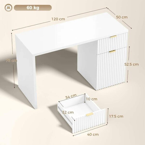 Computer Desk with Drawer, 120 cm Reversible Office Desk, Cabinet, Adjustable Shelf, Thick Top, White