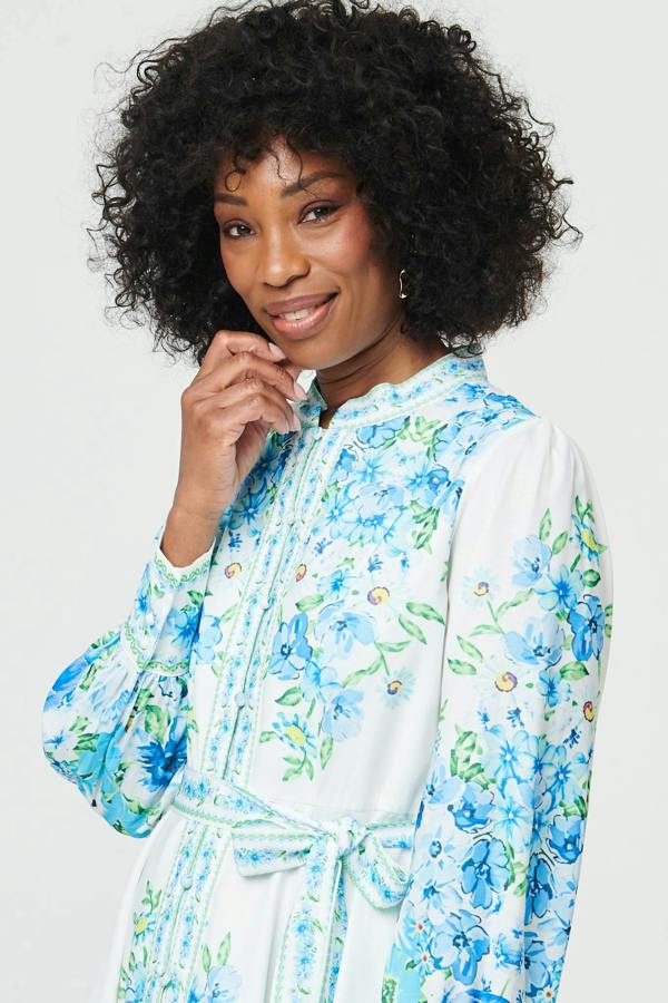 White | Floral Border Print Tie Short Dress