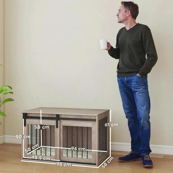 Brown dog crate furniture with removable cushion, front view and dimension labels