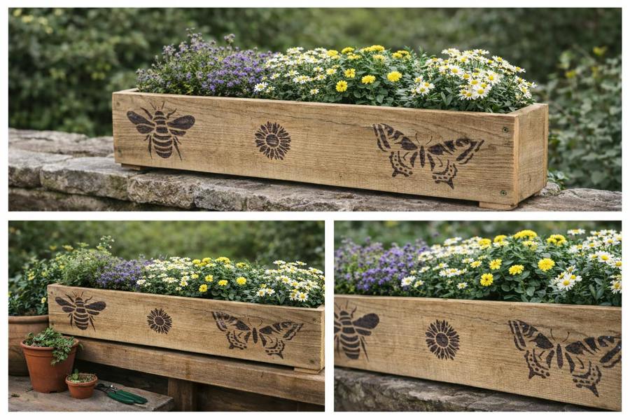 Decorated rough sawn wooden garden trough planted with flowers in an outdoor garden setting