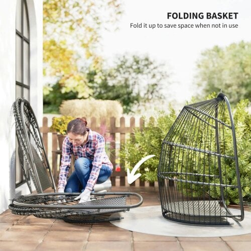 Bobobiy Hanging Egg Chair, Foldable Rattan Garden Swing Chair with Installation Kit, Thickened Cushion and Headrest, Dark Grey