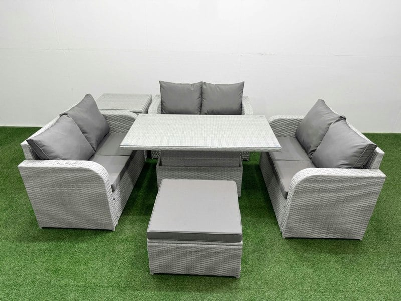 Fimous 7 Seater Light Grey PE Wicker Rattan Sofa Set - Adjustable Lifting Dining/Coffee Table, 2-Seater Loveseat & Footstool