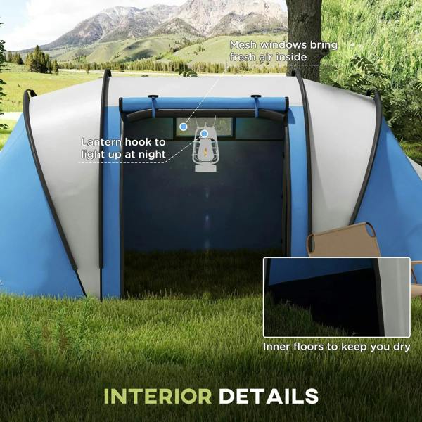Blue and gray tent front with mesh windows and lantern hook detail inside