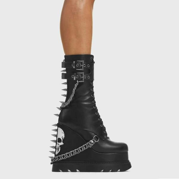 Lamoda She's Dangerous Black Skull Chunky Platform Stylish Ankle Boots