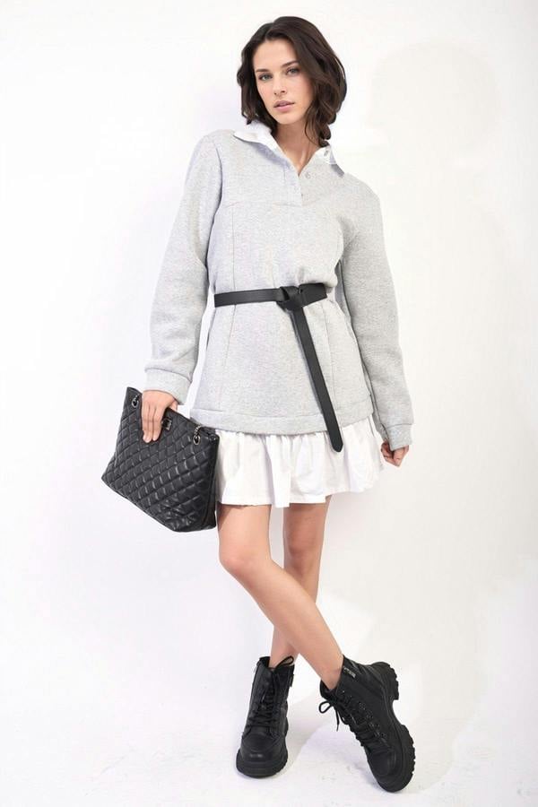 Kayla Collared Long Sleeve Mini Dress - Grey