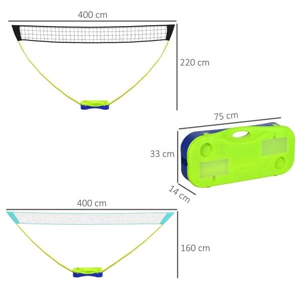 Portable net set diagram with black mesh, lime support cords, and green-blue carry case