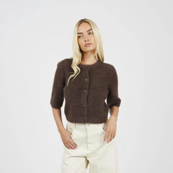 Brave Soul Chocolate Short Sleeve Fluffy Yarn Cardigan - Chocolate Image 1