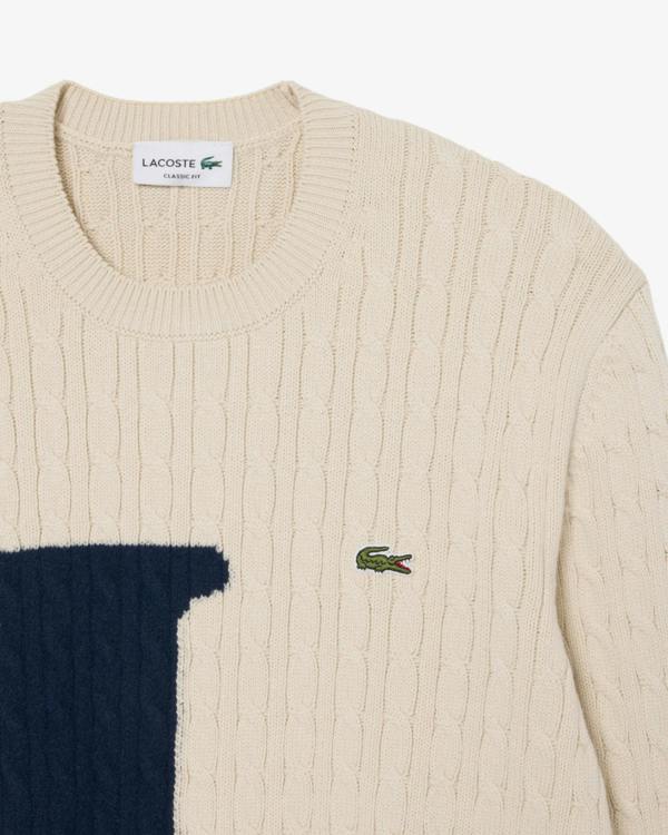 Lacoste Intarsia Mens Cable Knit Sweater - Naturel Clair/Dark Navy Blue UN5 | CHO | Designer Mens Sweatshirts