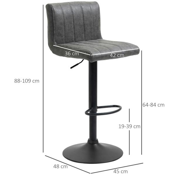 Grey adjustable swivel barstool with footrest, showing seat and base proportions
