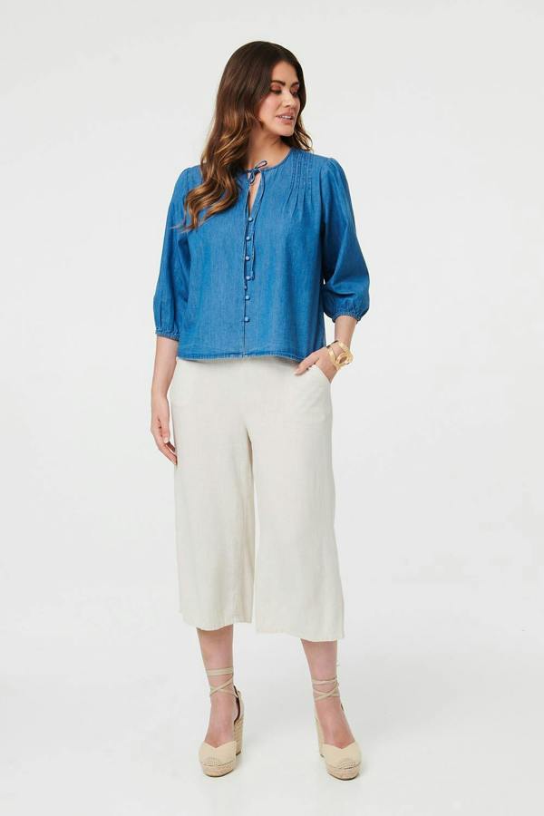 Blue | 3/4 Sleeve Tie Front V-Neck Blouse