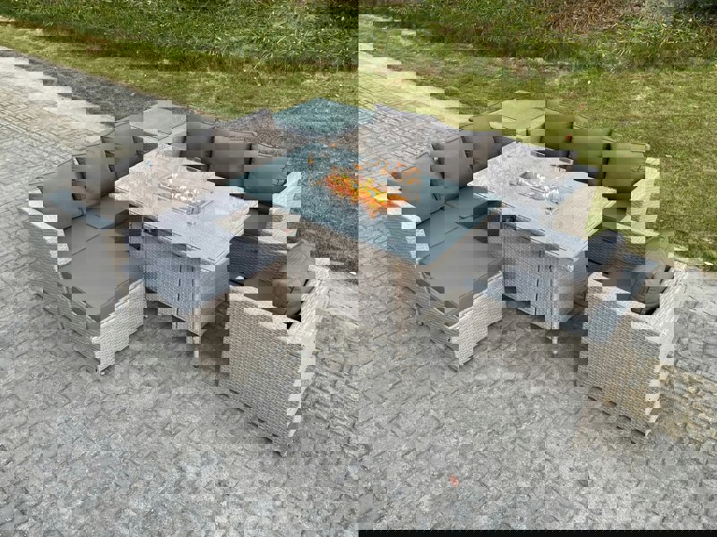 Fimous Light Grey Rattan Fire Pit Garden Furniture Set Gas Heater Burner Lounge Sofa With Side Coffee Table Big Footstool Chair