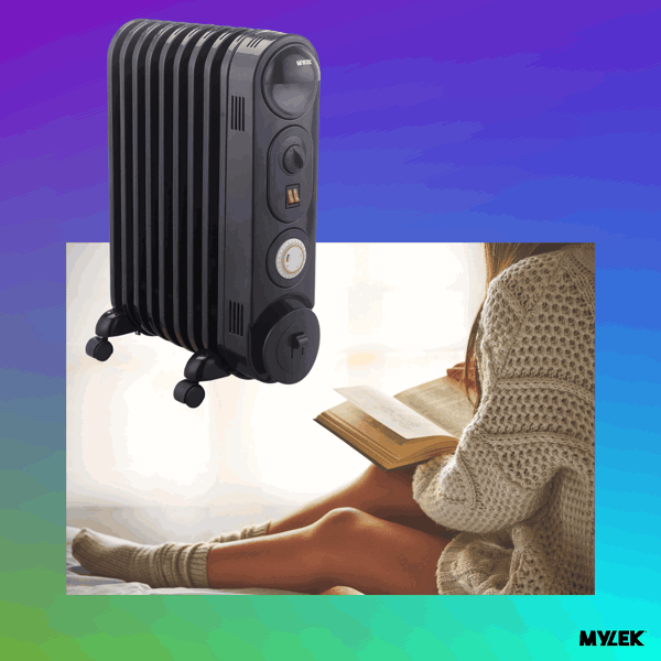 Mylek Oil Filled Radiator Electric Heater, Portable, Thermostat and 24hr Timer, Black 2000W
