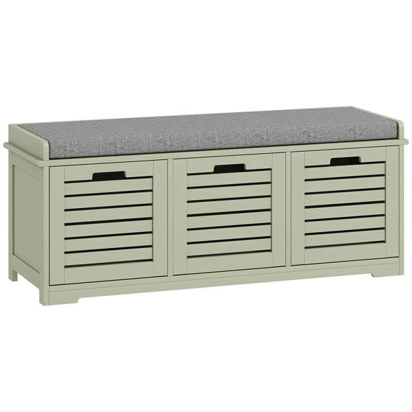 Green shoe storage bench with three front slatted drawers and padded top seat