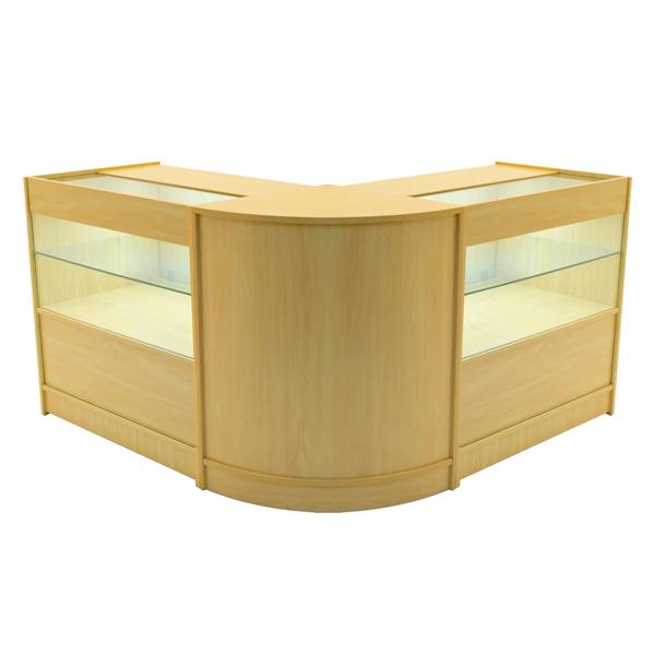 Maple wood Selene LED shop counter set featuring a curved design with glass display shelves, ideal for showcasing products